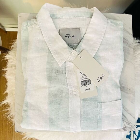 RAILS Women's Charli Awning Stripe Linen Blend Blouse, XL (14),‎ White/Blue, NWT - Picture 11 of 15